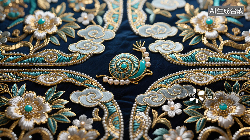 【AI数字艺术】精美刺绣工艺，金色与绿色交织的花卉图案图片素材