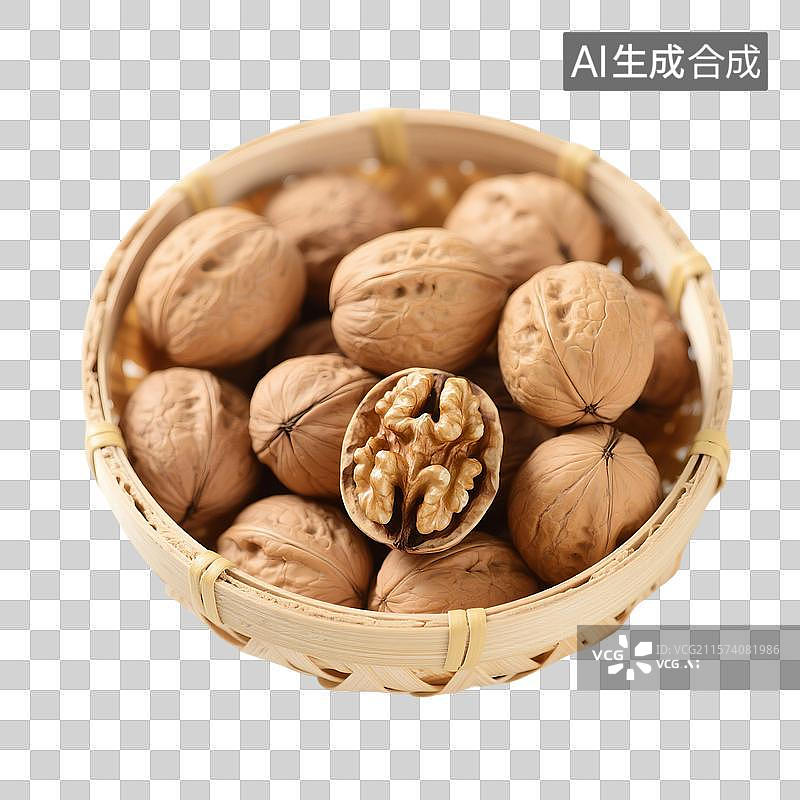 【AI数字艺术】核桃仁，核桃特写，一箩筐核桃，坚果，免抠元素图片素材
