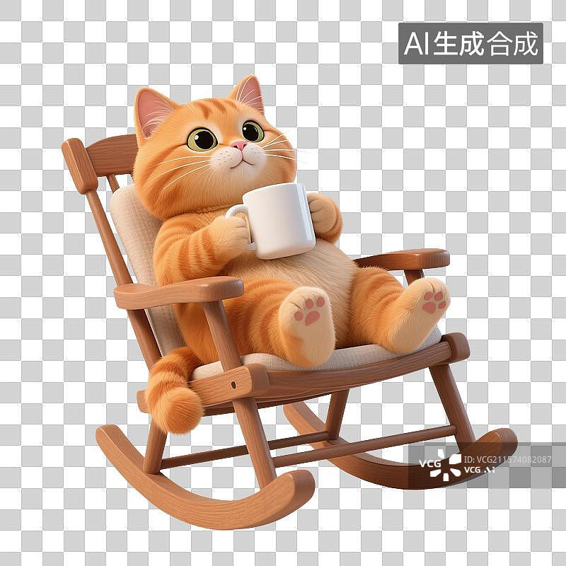 【AI数字艺术】3D渲染卡通动物，坐在摇椅上喝咖啡的小猫，萌系，治愈系，免抠元素图片素材