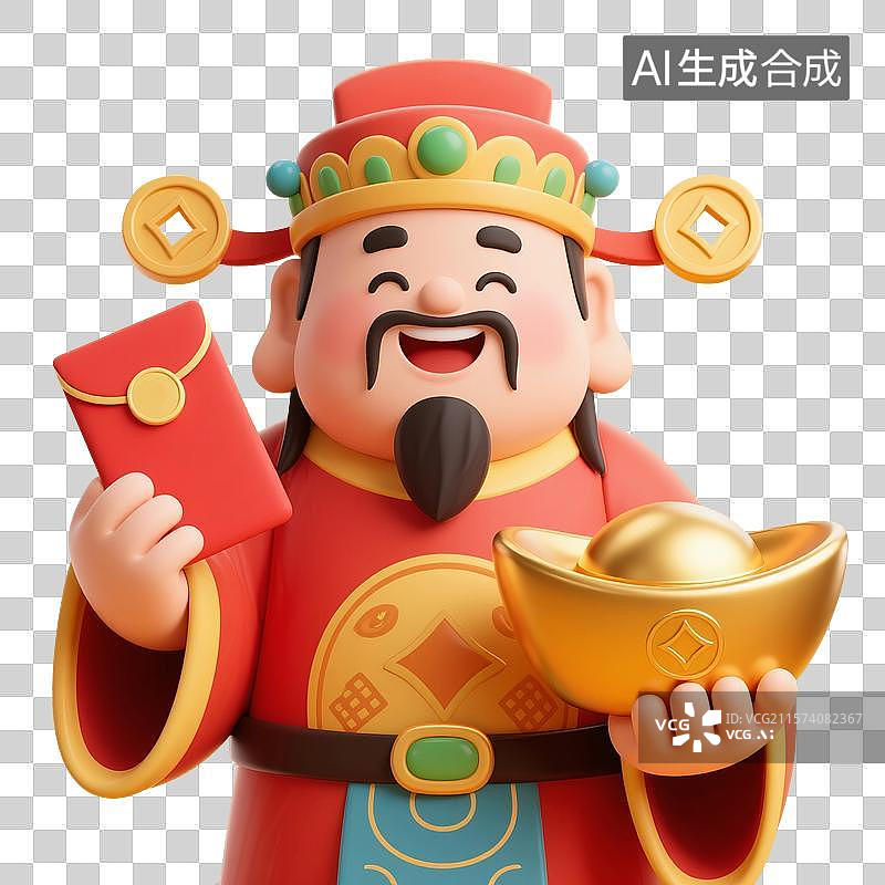 【AI数字艺术】3D渲染中国风卡通人物，财神，财神爷，大年初五迎财神，春节，新年，传统节日，促销，免抠元素图片素材