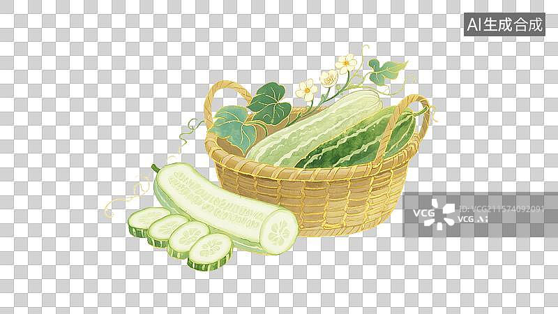 【AI数字艺术】一篮子的黄瓜和黄瓜片插画元素图片素材