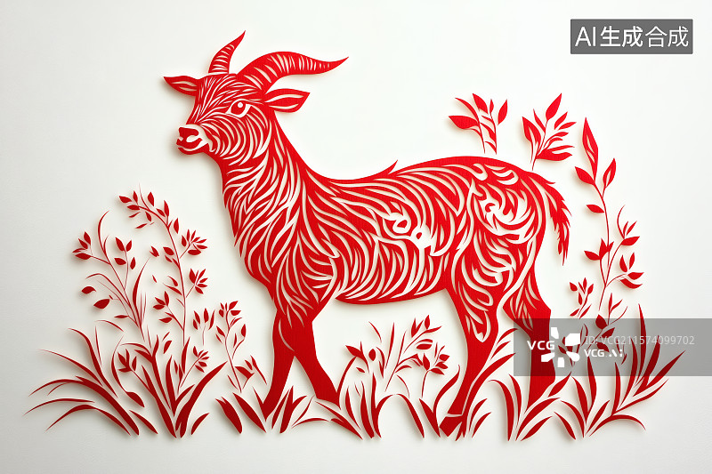 【AI数字艺术】剪纸风格，草地上的山羊，庆祝羊年图片素材
