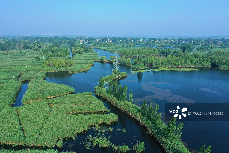 华北明珠鲜气升，荷花香艳鸟飞腾生态乐园芦苇荡，碧水云天夏凉风长廊凉亭船纵横，天然画卷游览胜图片素材