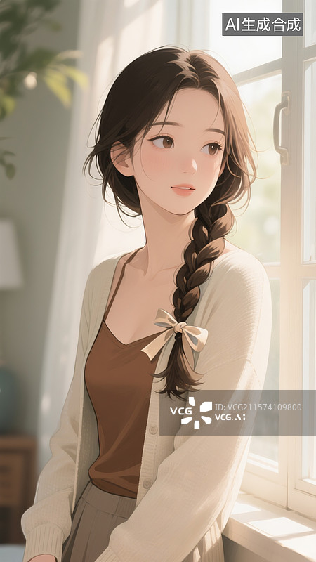 【AI数字艺术】插画漫画，阳光照耀下来，朦胧感，一位美女梳着单边麻花辫，穿针织开衫图片素材