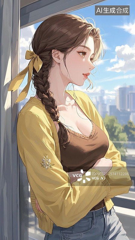 【AI数字艺术】插画漫画，阳光照耀下来，朦胧感，一位美女梳着单边麻花辫，穿针织开衫图片素材