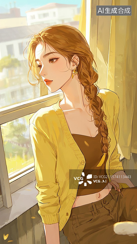 【AI数字艺术】插画漫画，阳光照耀下来，朦胧感，一位美女梳着单边麻花辫，穿针织开衫图片素材