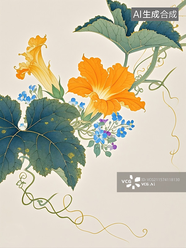 【AI数字艺术】新古风工笔画，精细的金色描边，一朵怒放的南瓜花朵，橘黄色的花瓣边缘卷曲妖娆，花瓣修长缱绻，饱满的花苞图片素材