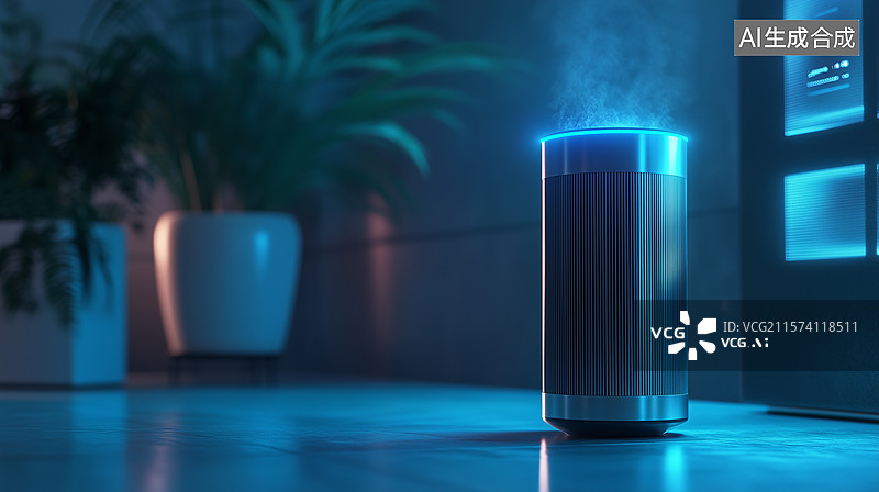 【AI数字艺术】科幻风智能空气净化器：未来极简室内的冷蓝科技图片素材