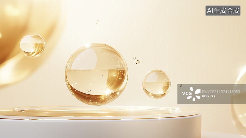 【AI数字艺术】白金渐变玻璃台上金球图片素材