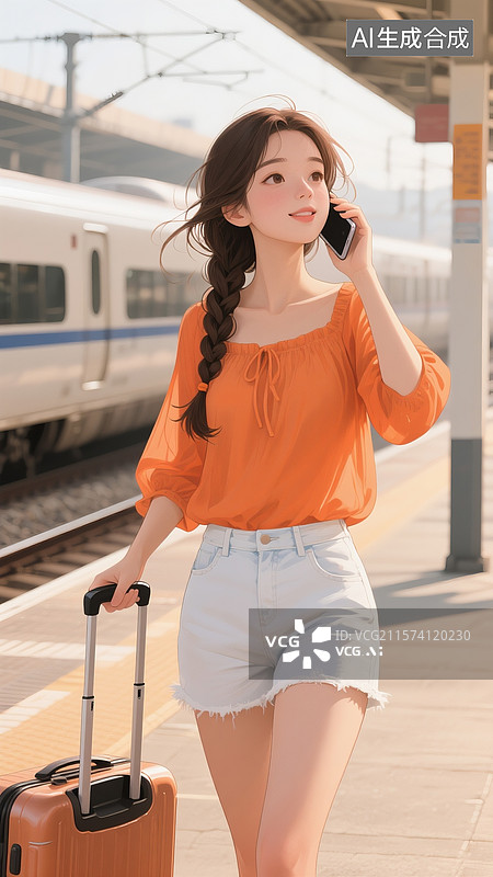 【AI数字艺术】一位年轻女子身穿橘色雪纺衫，白色牛仔短裤，麻花辫，拉着拉杆箱去坐高铁图片素材