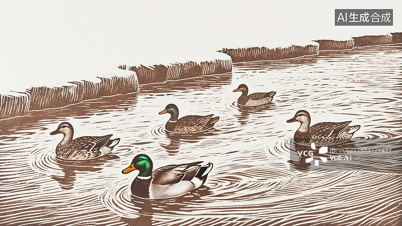 【AI数字艺术】河中游泳的鸭子版画插画传统文化教育书籍封面配图多用途设计海报春天图片素材