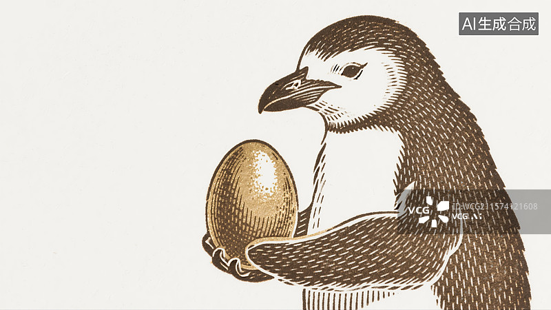 【AI数字艺术】可爱企鹅捧金蛋版画插画传统文化教育书籍封面配图黑白线条艺术购物节活动世界多样日商业背景奇思妙想图片素材