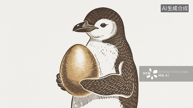 【AI数字艺术】可爱企鹅捧金蛋版画插画传统文化教育书籍封面配图黑白线条艺术购物节活动世界多样日商业背景奇思妙想图片素材