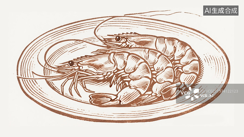 【AI数字艺术】一盘美食虾盘版画插画传统文化教育书籍封面配图夏天节日餐饮图片素材