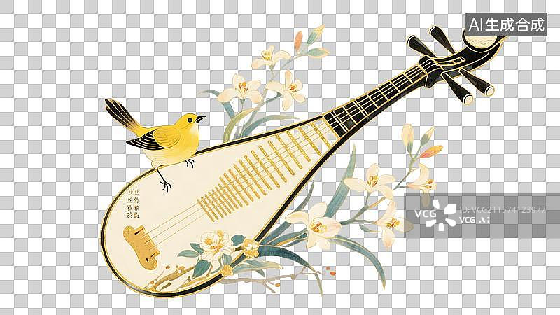 【AI数字艺术】花鸟琵琶乐器插画图片素材