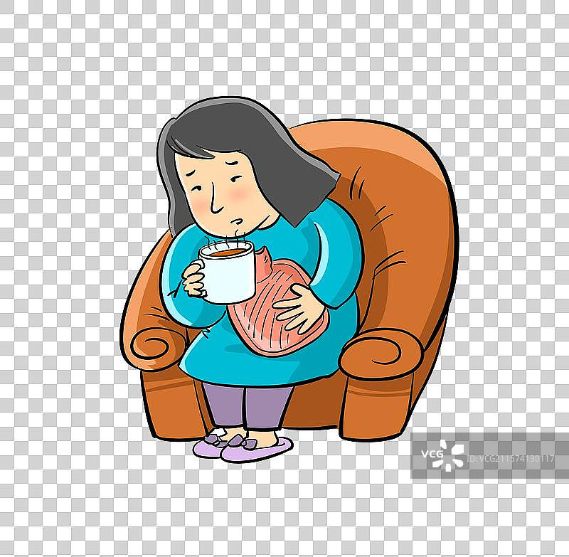 抱热水袋喝红糖水的痛经女士图片素材