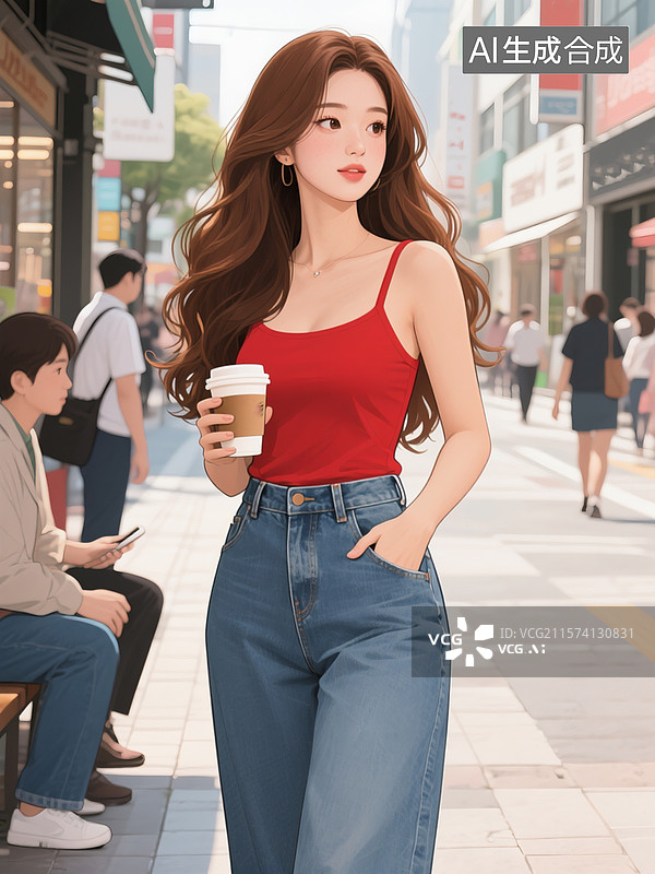 【AI数字艺术】韩国插画，在商业步行街，一个美丽的女性，身穿挂脖红色背心，宽腿牛仔裤，棕色长卷发，手拿一杯咖啡在等人图片素材