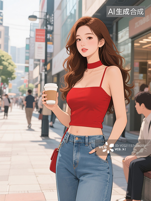 【AI数字艺术】韩国插画，在商业步行街，一个美丽的女性，身穿挂脖红色背心，宽腿牛仔裤，棕色长卷发，手拿一杯咖啡在等人图片素材