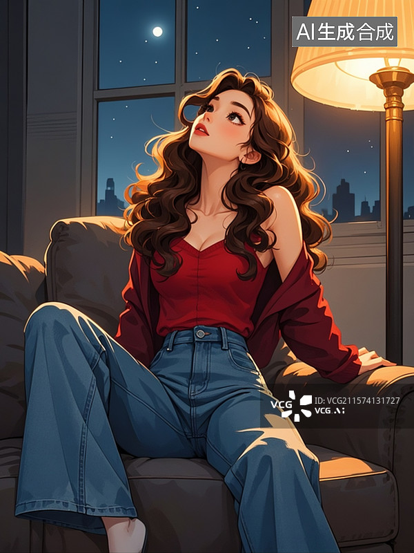 【AI数字艺术】插画，夜晚，一个美丽的女性，身穿红色上衣，宽腿牛仔裤，棕色长卷发，抬头向上看落寞随性靠坐在沙发上。图片素材