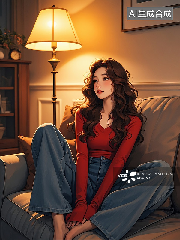 【AI数字艺术】插画，夜晚，一个美丽的女性，身穿红色上衣，宽腿牛仔裤，棕色长卷发，抬头向上看落寞随性靠坐在沙发上。图片素材