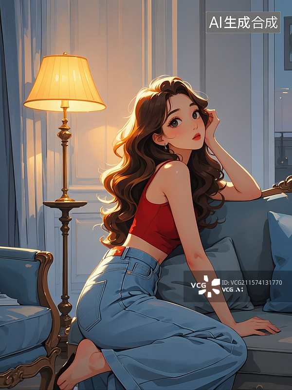【AI数字艺术】插画，夜晚，一个美丽的女性，身穿红色上衣，宽腿牛仔裤，棕色长卷发，抬头向上看落寞随性靠坐在沙发上。图片素材