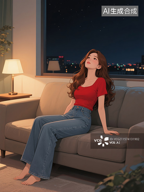 【AI数字艺术】插画，夜晚，一个美丽的女性，身穿红色上衣，宽腿牛仔裤，棕色长卷发，抬头向上看落寞随性靠坐在沙发上。图片素材