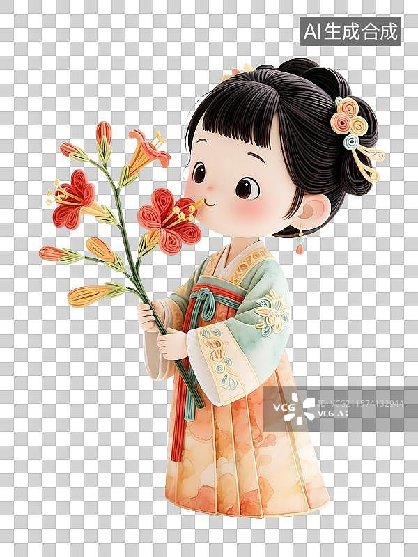 【AI数字艺术】3d夏天凌霄花3d唐风汉服女孩大暑节气图片素材