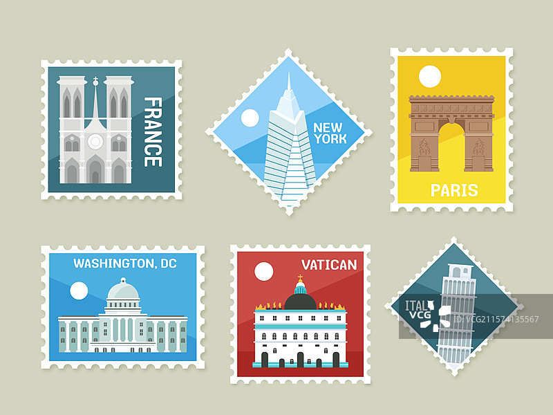 外国邮票，欧洲，地标，标签，贴纸，巴黎圣母院，凯旋门，美国国会大厦，圣彼得大教堂，斜塔图片素材