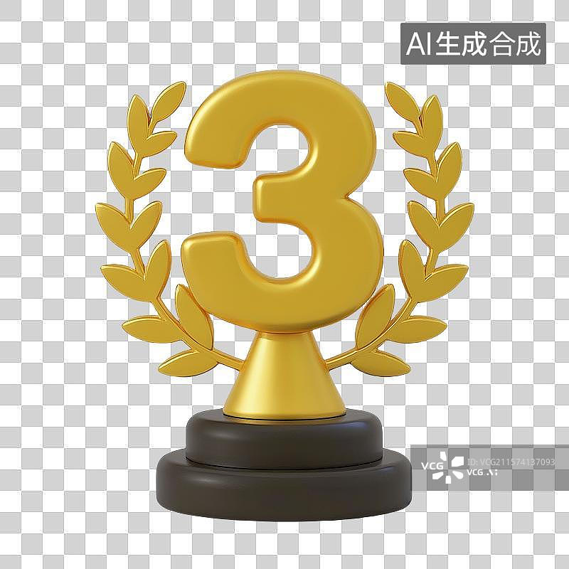 【AI数字艺术】3D金色数字3奖杯图片素材