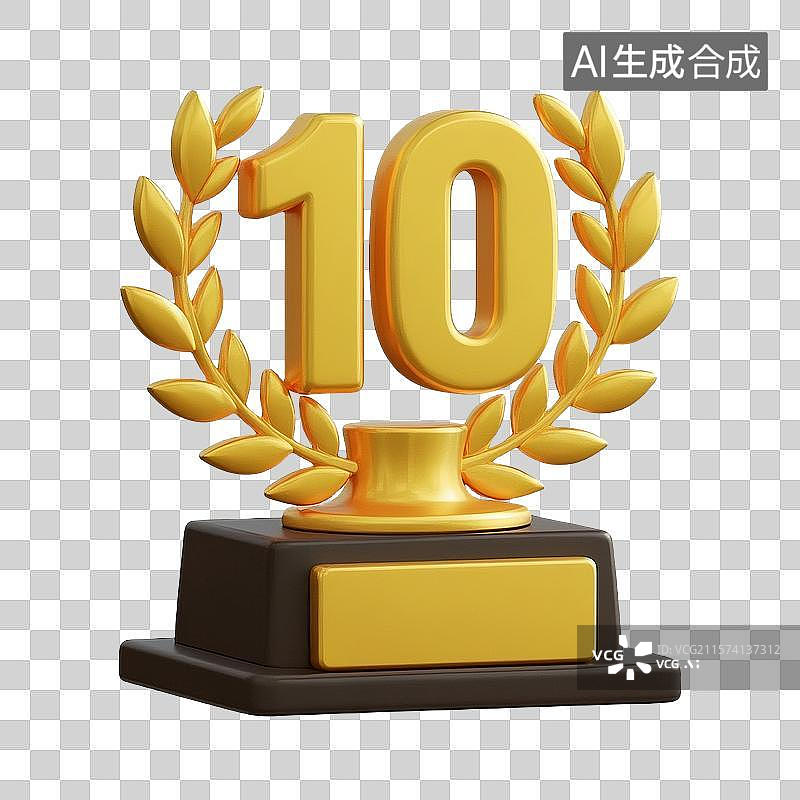 【AI数字艺术】3D金色数字10奖杯图片素材