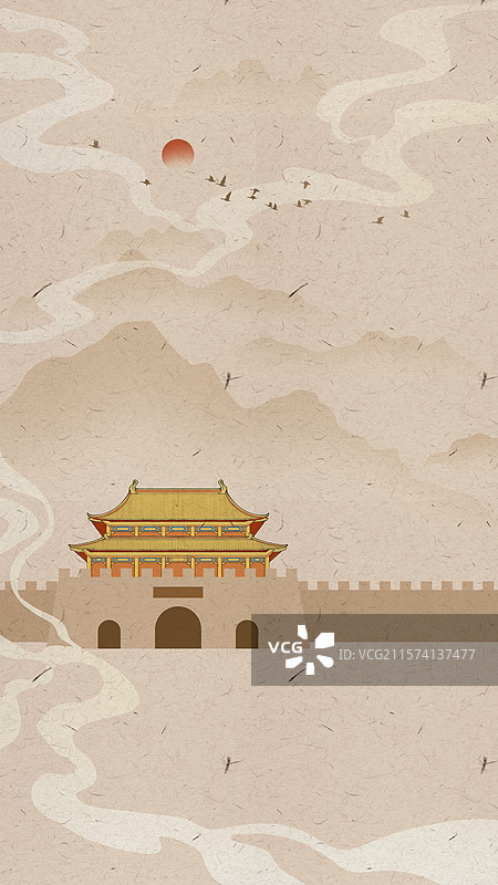 古城古都古城墙城楼插画，长安西安洛阳。图片素材