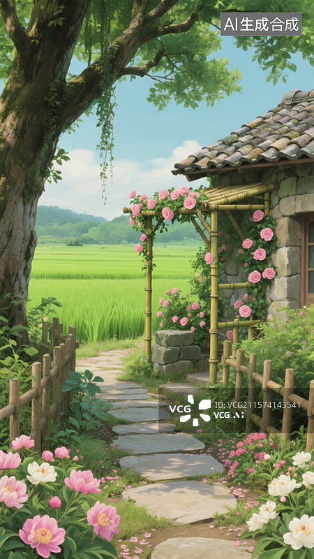 【AI数字艺术】林间石板小径，两侧有木栅栏。竹制花架覆有瓦片顶，石砌房子，爬满粉色玫瑰花图片素材
