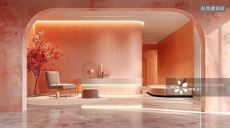 【AI数字艺术】蜜桃色空间的静谧一隅图片素材