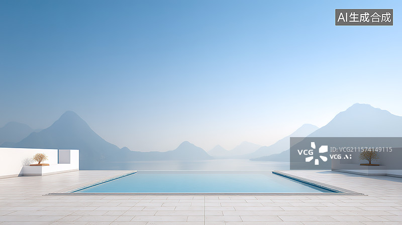 【AI数字艺术】山水自然风景中的白色极简建筑游泳池倒影图片素材