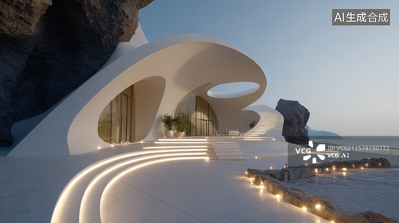 【AI数字艺术】现代曲线建筑与海滨景观图片素材