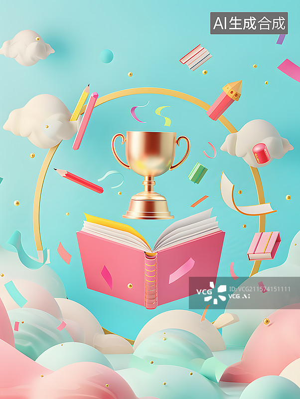 【AI数字艺术】书本和奖杯，开学季概念图片素材
