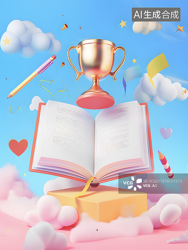 【AI数字艺术】书本和奖杯，开学季概念图片素材