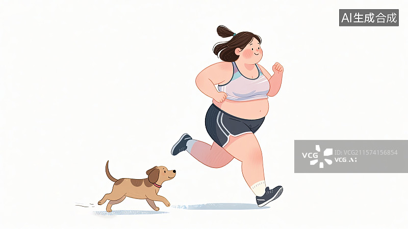 【AI数字艺术】肥胖女人和宠物狗一起跑步减肥健身图片素材