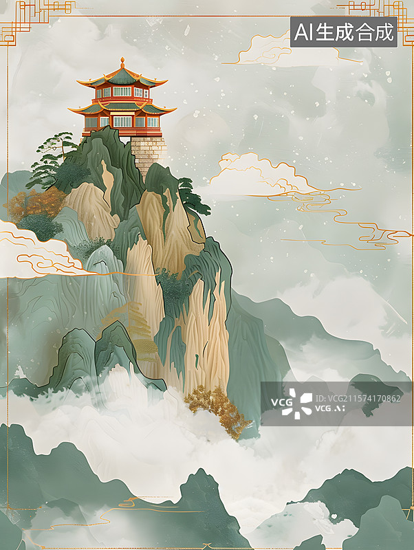 【AI数字艺术】中国高山风光，国潮风图片素材