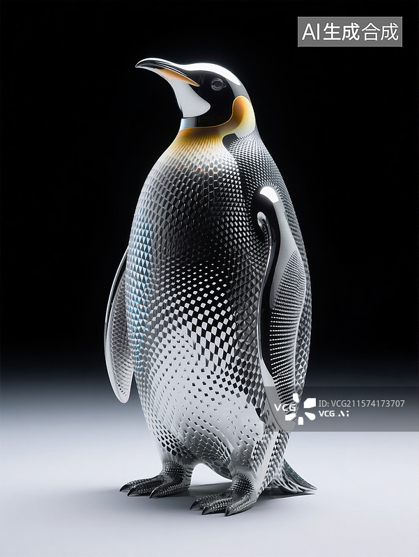 【AI数字艺术】潮流科技炫彩银色金属帝王企鹅黑色背景图片素材