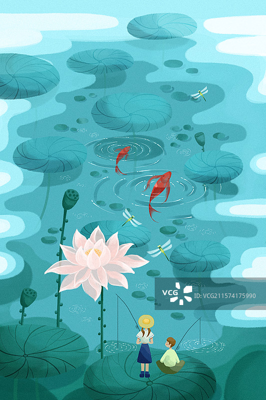 蓝色调小暑插画图片素材