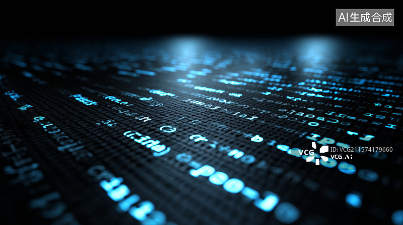 【AI数字艺术】黑色背景下的蓝色数字信息流图片素材