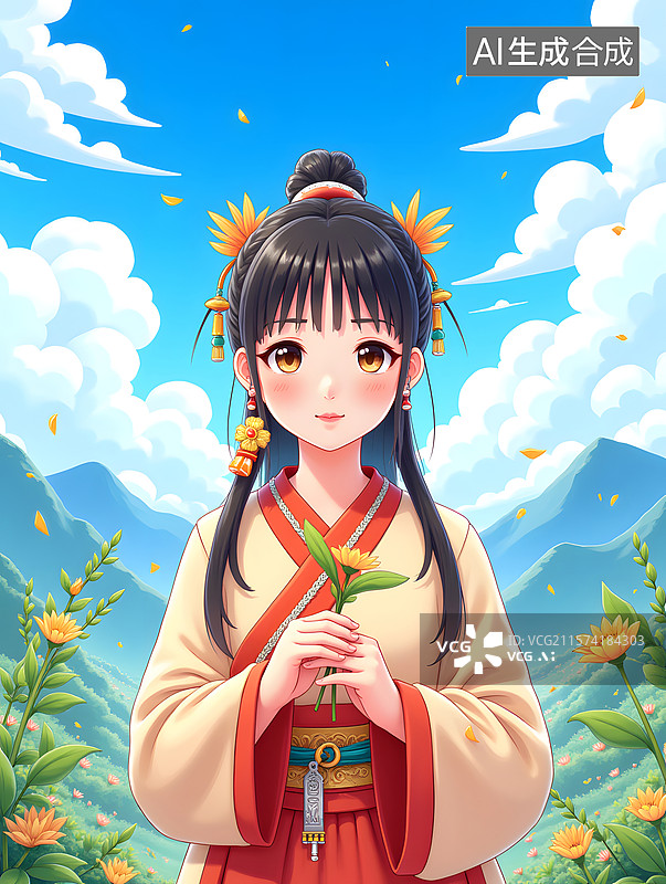 【AI数字艺术】少数民族傣族的少女插画图片素材