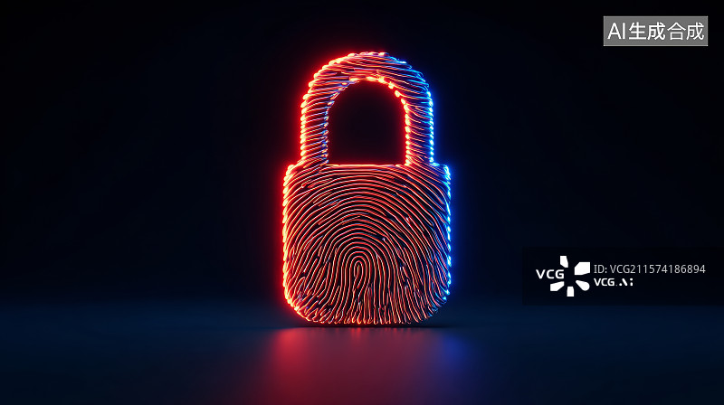 【AI数字艺术】数字指纹组成的红蓝双色智能加密锁图片素材