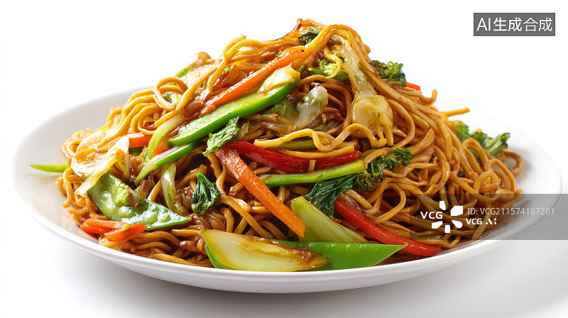 【AI数字艺术】中式炒面搭配蔬菜与辣椒的美食展示图片素材