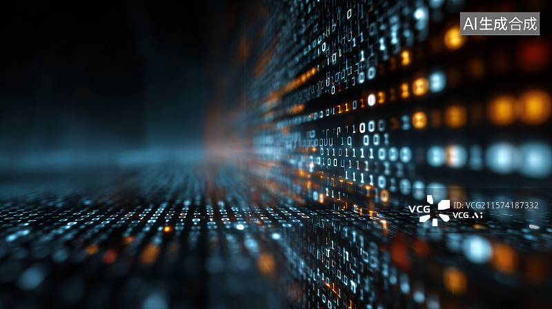 【AI数字艺术】动态数据通道中延伸的二进制光点流图片素材