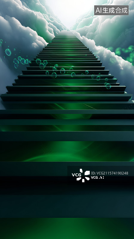 【AI数字艺术】通往云端的绿色数字阶梯通道图片素材