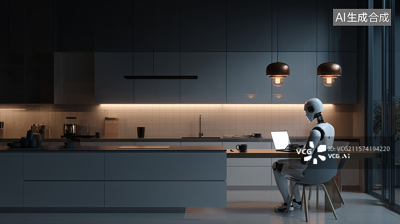 【AI数字艺术】机器人在厨房办公图片素材