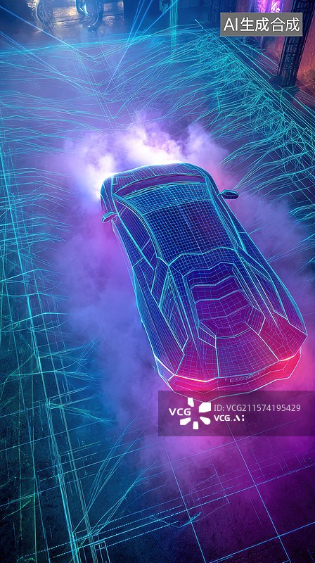 【AI数字艺术】未来科技汽车悬浮于霓虹网格之上图片素材