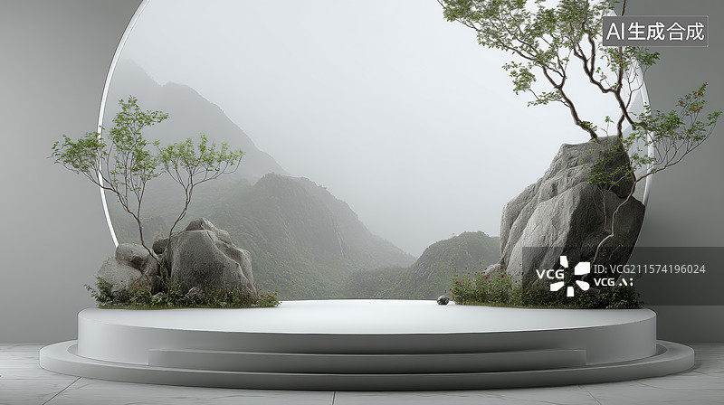 【AI数字艺术】圆形舞台上的自然景观展示图片素材